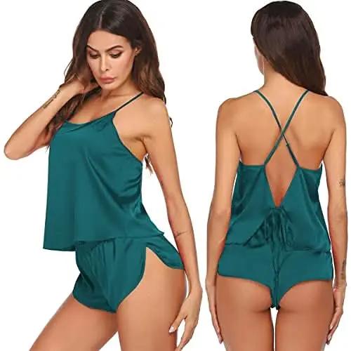 Silk Pajamas Set for Women Satin Backless Lingerie Pjs Cami Top and Shorts Nightwear - Love Salve